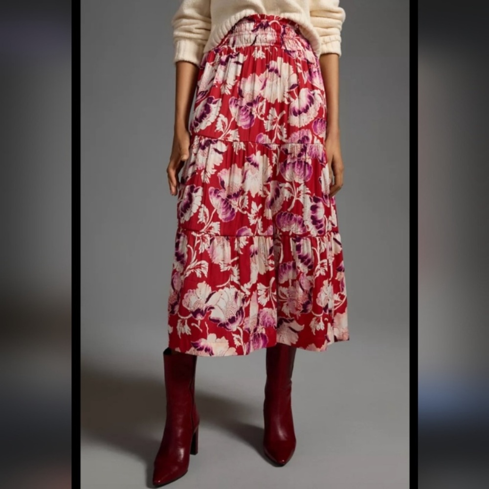 Anthropologie Red Floral Tiered Midi Skirt with Pink Accents